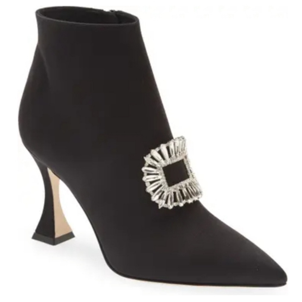 Manolo Blahnik Cantita Black Satin Crystal Embellished Ankle Boots